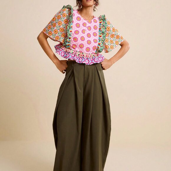 Multicolor Boho Women's Floral Patchwork Cropped Blouse with Ruffle Hem - Picture 5 of 6